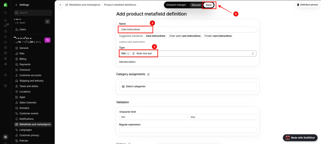 Shopify product metafields