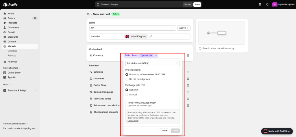 Shopify currency shipping location popup