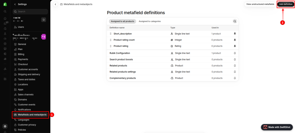 Shopify product metafields
